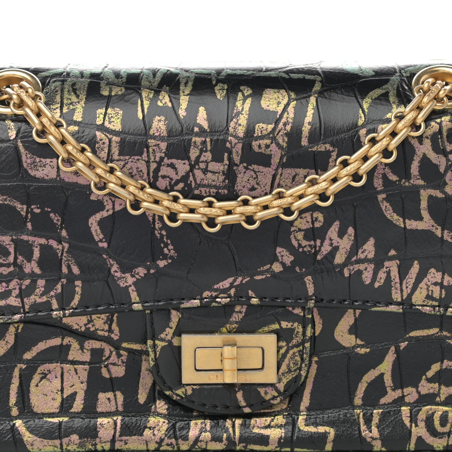 Chanel Calfskin Crocodile Embossed Graffiti 2.55 Mini Cocodile Reissue Flap Black Gold 8 of 13