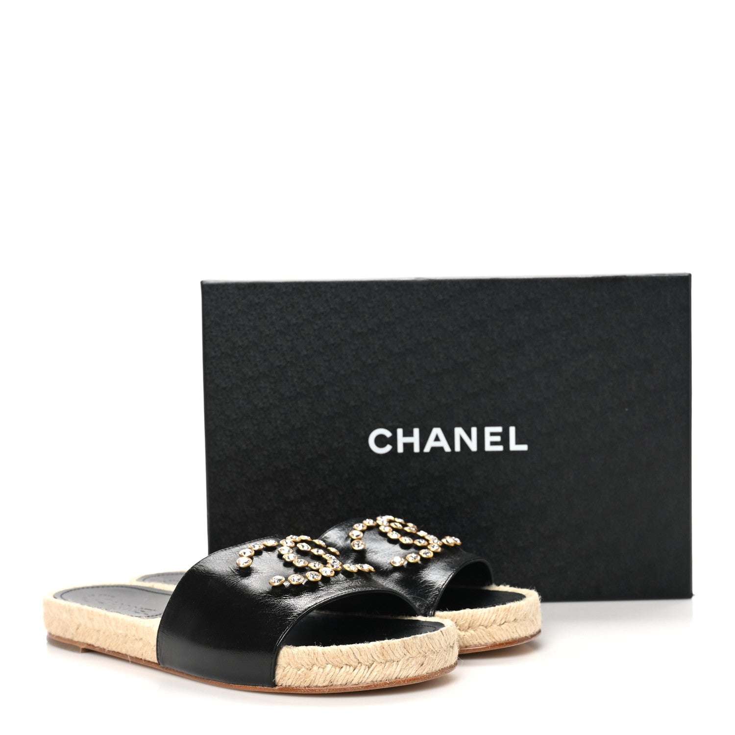 Chanel Patent Calfskin Crystal CC Espadrille Slip On Sandals 40 Black 9 of 9