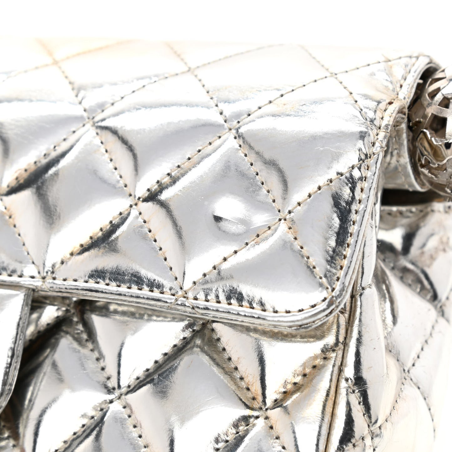 Metallic Lambskin Quilted Mini Around the World Flap Silver