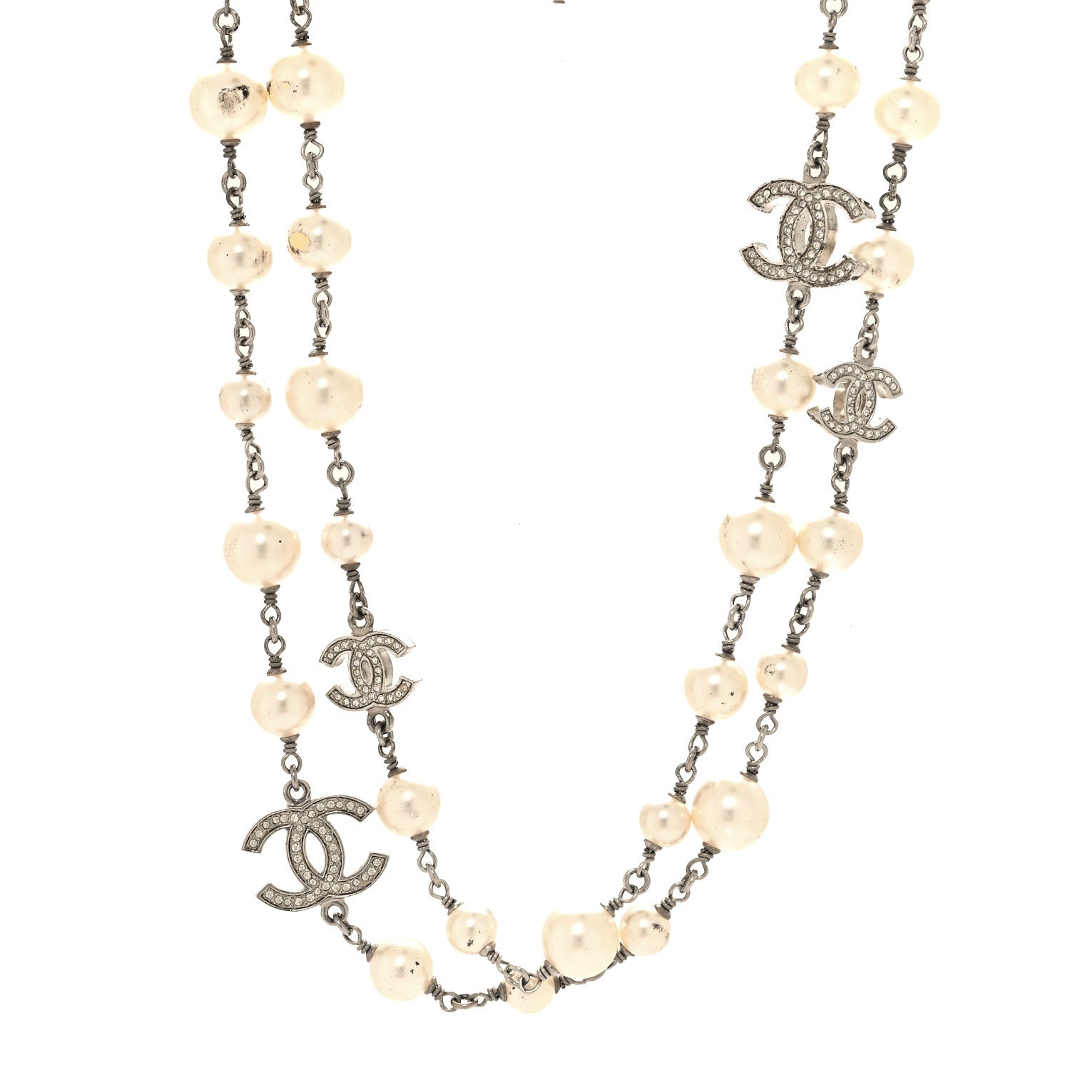 Chanel Graduated Pearl Crystal CC Long Necklace Silver 1 of 5