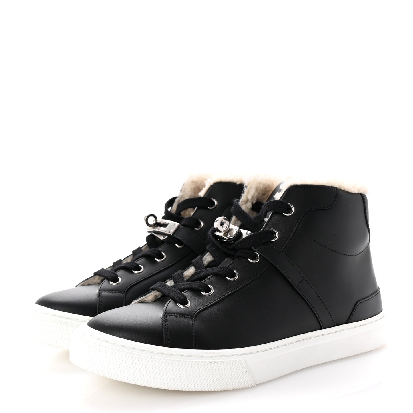 Calfskin Shearling High-Top Day Sneakers 37.5 Black Ecru