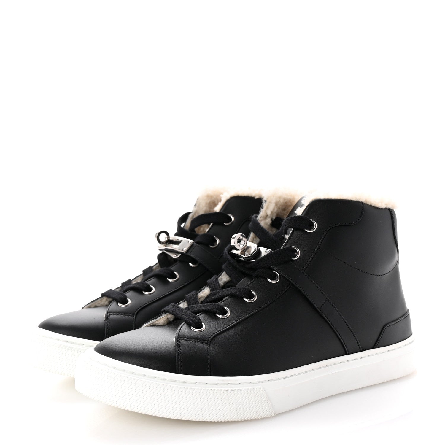 Hermes Calfskin Shearling High-Top Day Sneakers 37.5 Black Ecru 4 of 9