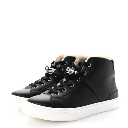 Hermes Calfskin Shearling High-Top Day Sneakers 37.5 Black Ecru 4 of 9