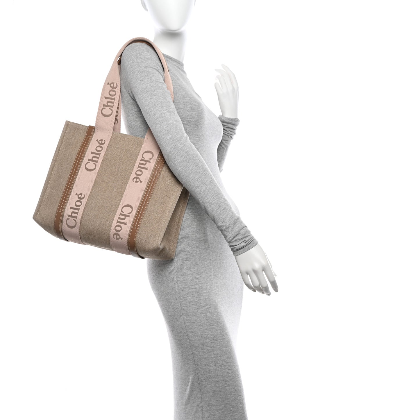 Linen Calfskin Medium Woody Ribbon Tote Blushy Beige