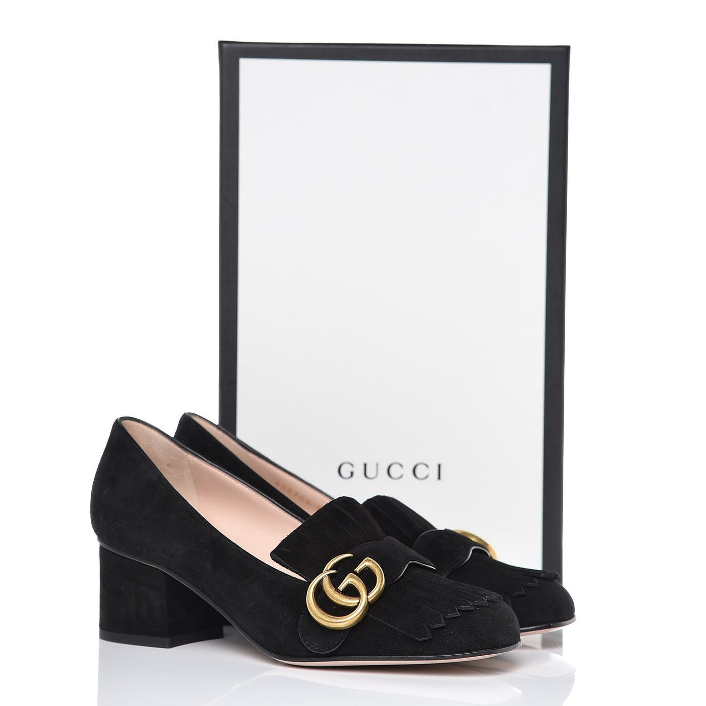 Kid Scamosciato GG Marmont Fringe 50mm Loafer Pumps 36 Black