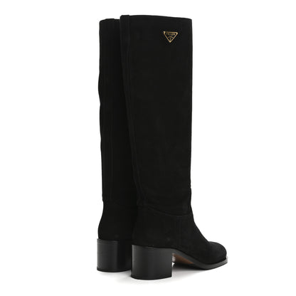 Prada Suede Metal Triangle Logo Knee Boots 38 Black 4 of 8