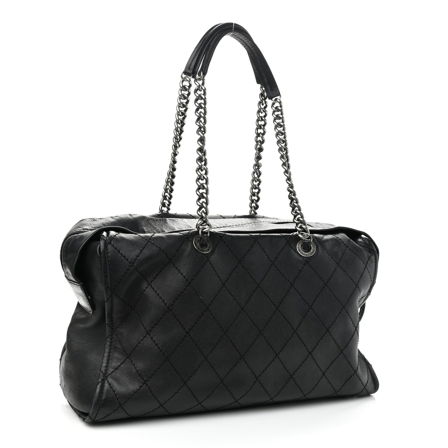Calfskin Stitched Large Bowling Bag Black