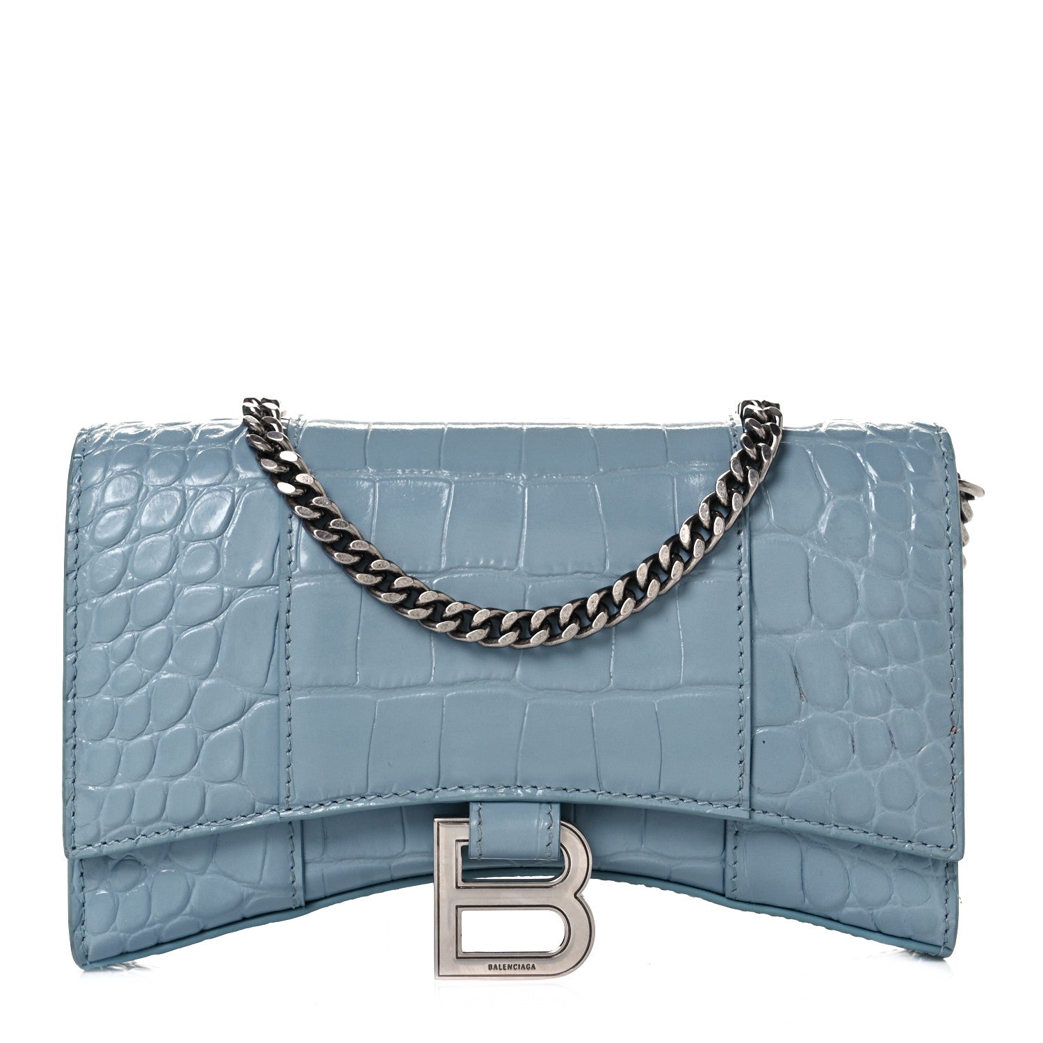 Balenciaga Shiny Calfskin Crocodile Embossed Hourglass Chain Bag Blue Grey 1 of 17