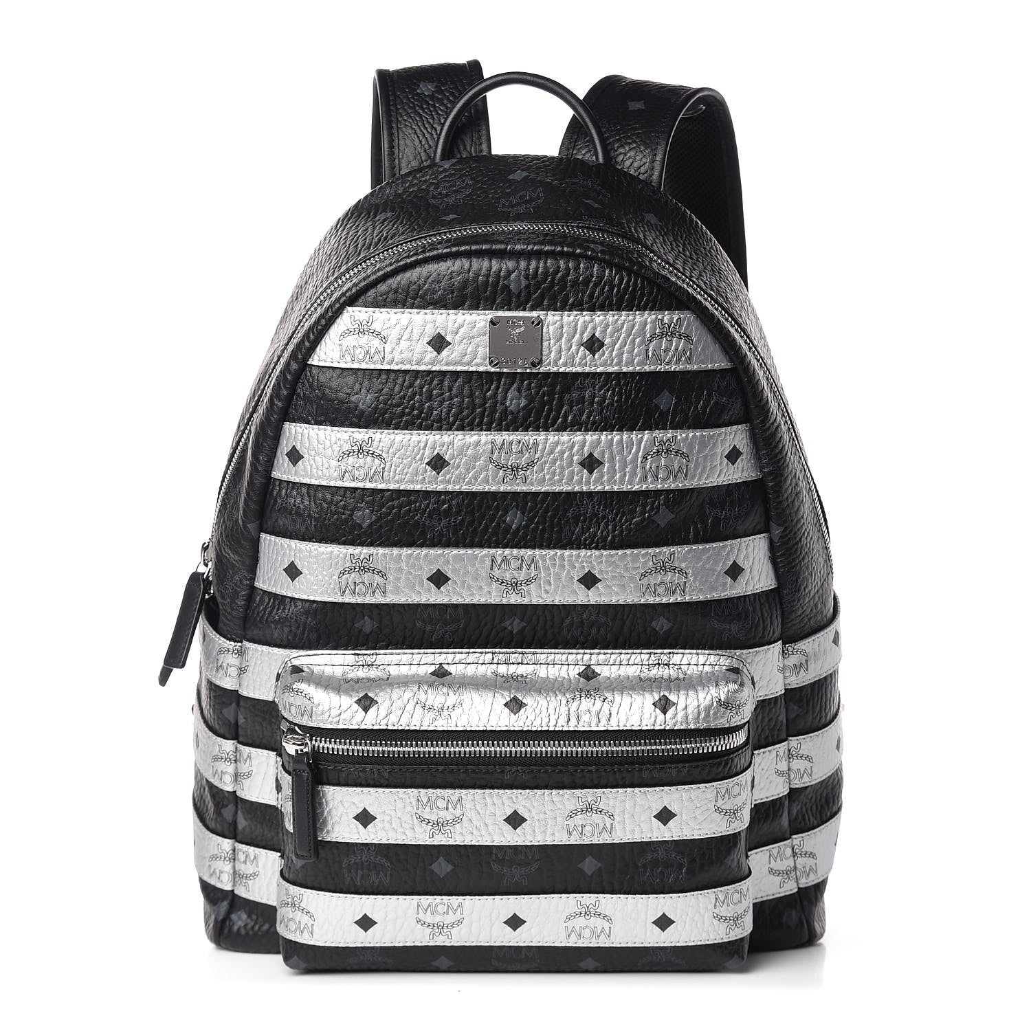 MCM Metallic Visetos Striped Medium Stark Backpack Silver Black 1 of 11
