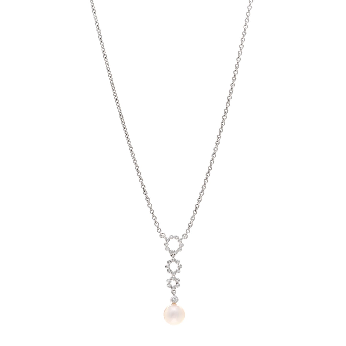 18K White Gold Diamond Akoya Pearl 7.5mm Drop Pendant Necklace