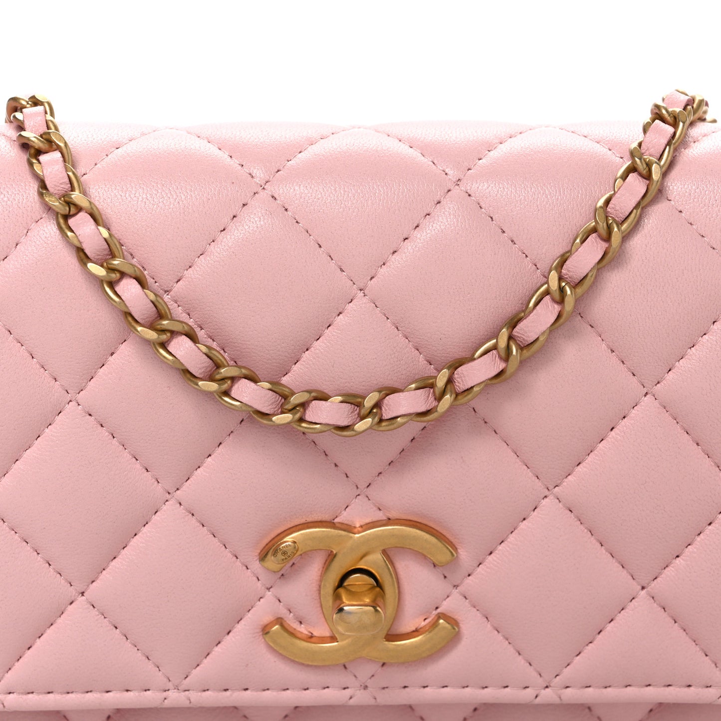 Shiny Lambskin Quilted CC Slide Wallet On Chain WOC  Light Pink