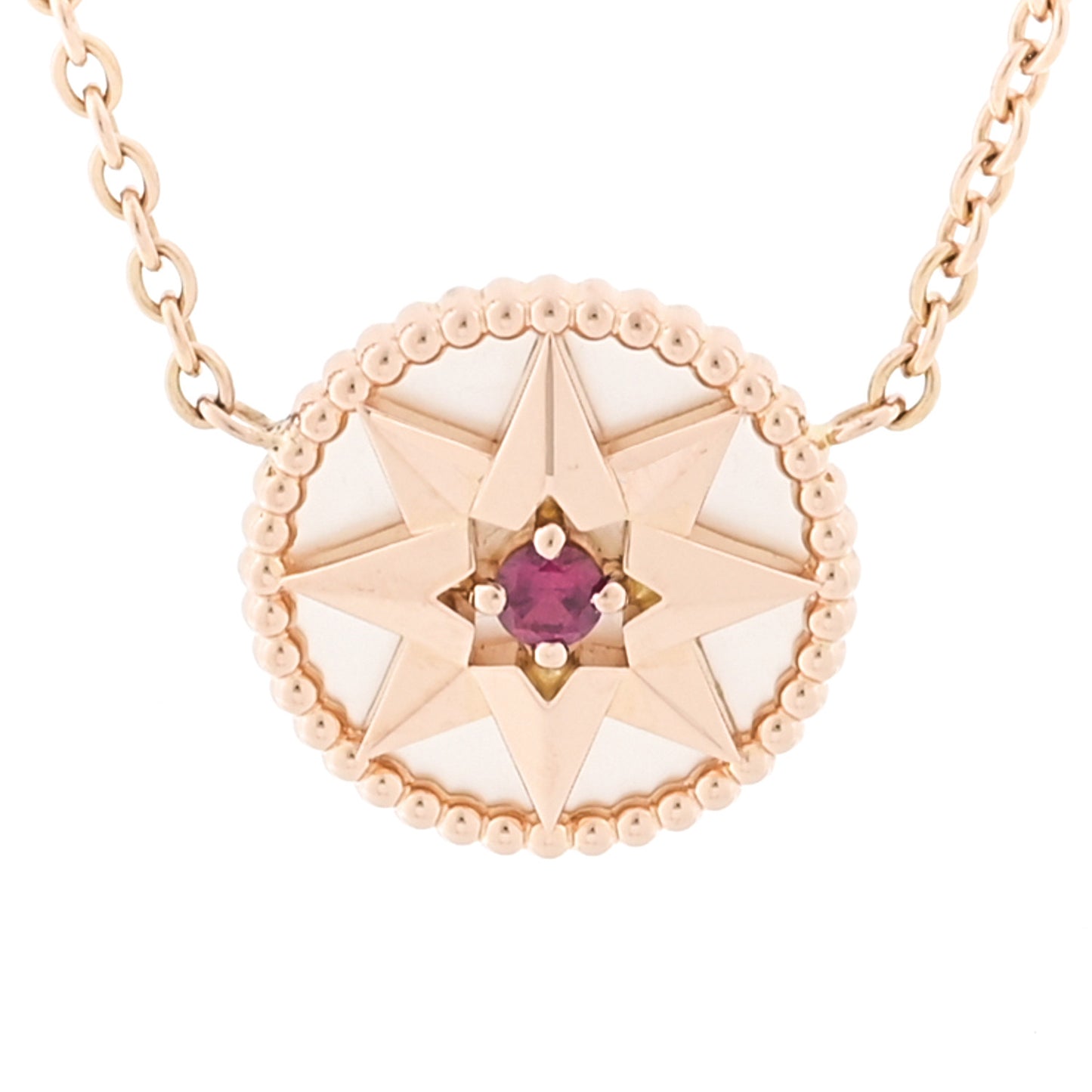 18K Rose Gold Ruby Mother of Pearl Rose Des Vents Necklace