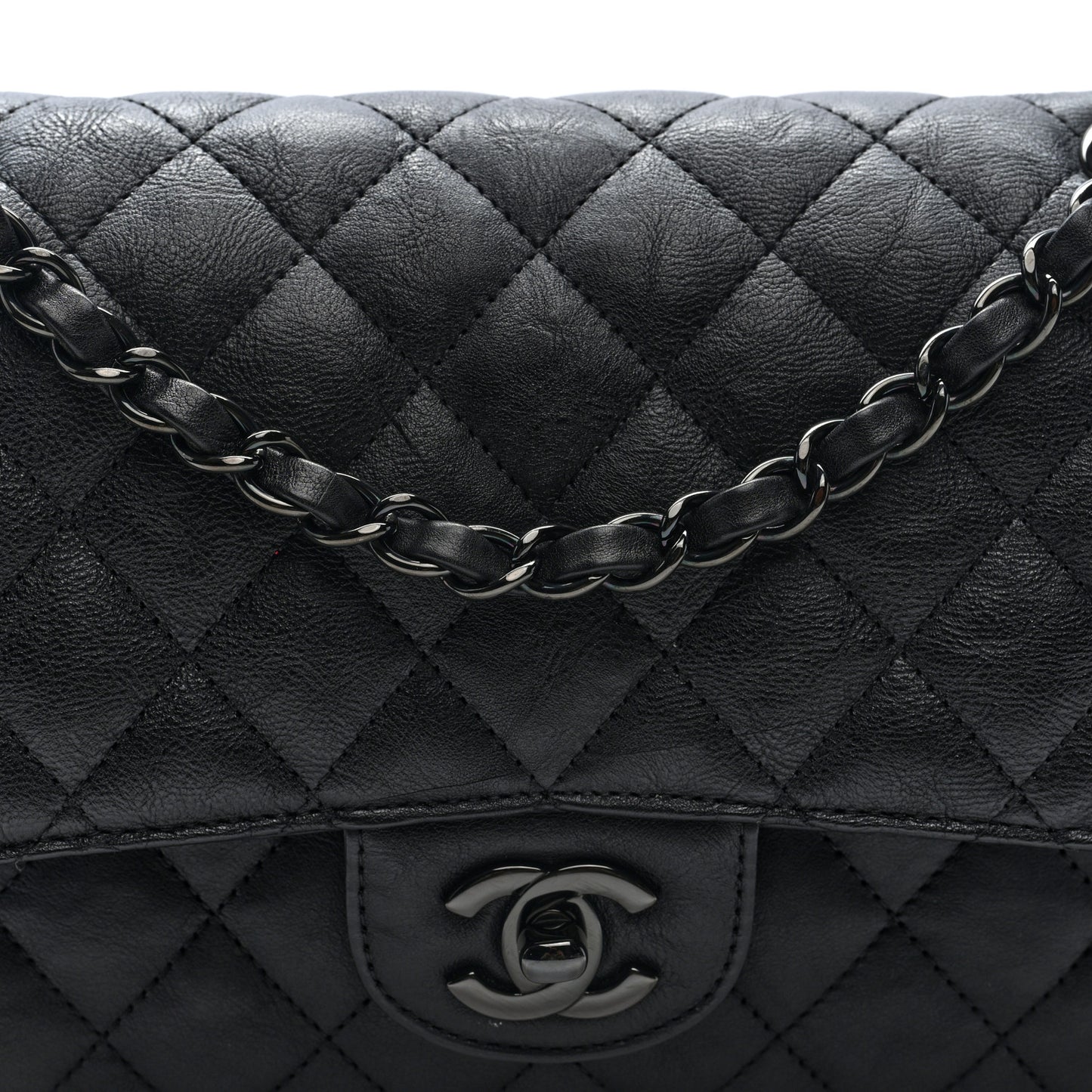 Crumpled Calfskin Quilted Medium Double Flap So Black