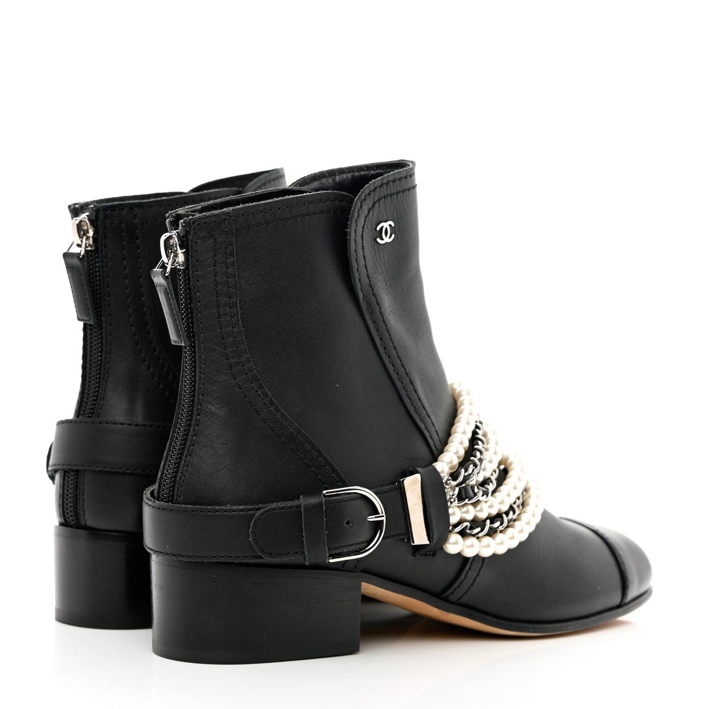 Calfskin Pearl Cap Toe Short Boots 37 Black