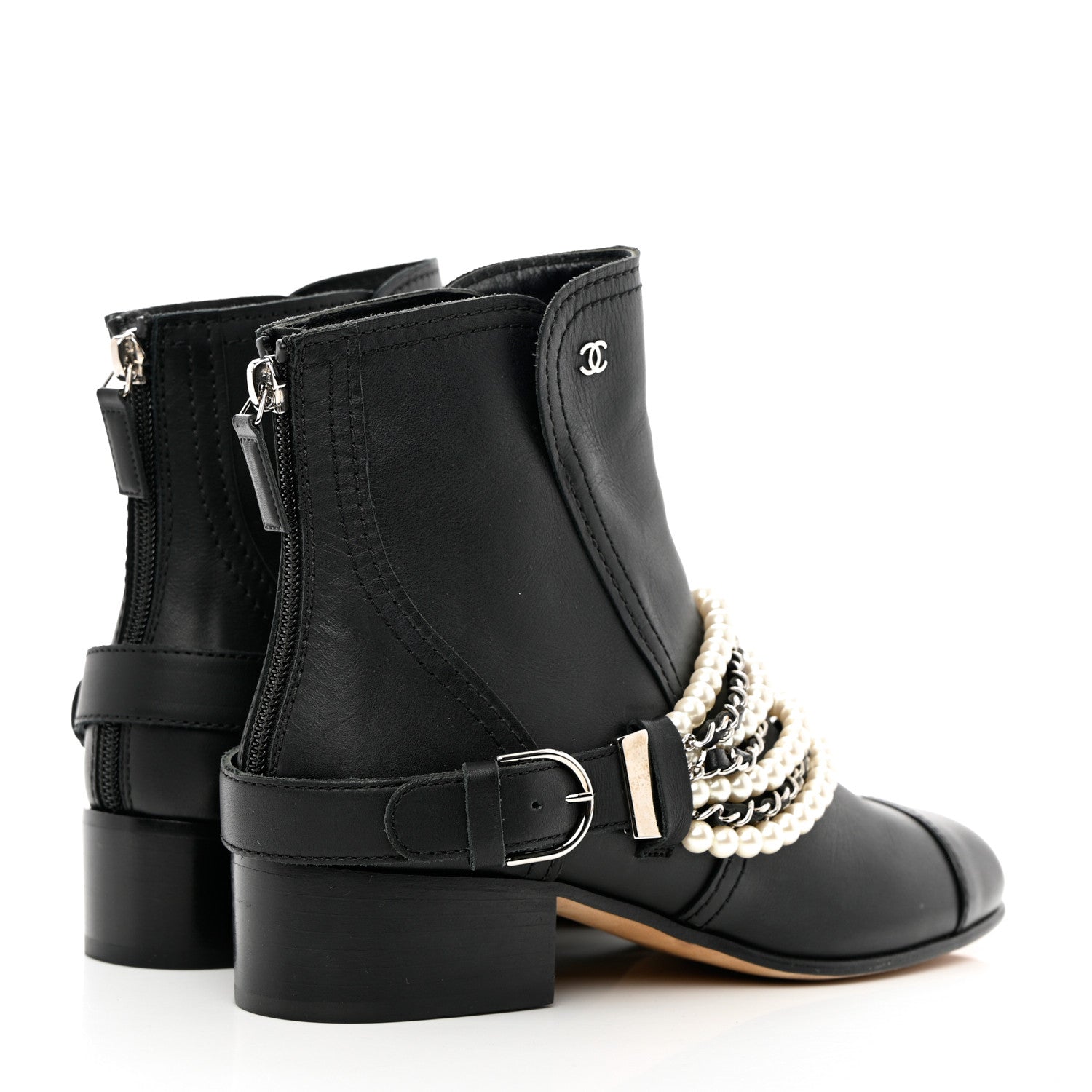 Chanel Calfskin Pearl Cap Toe Short Boots 37 Black 4 of 10