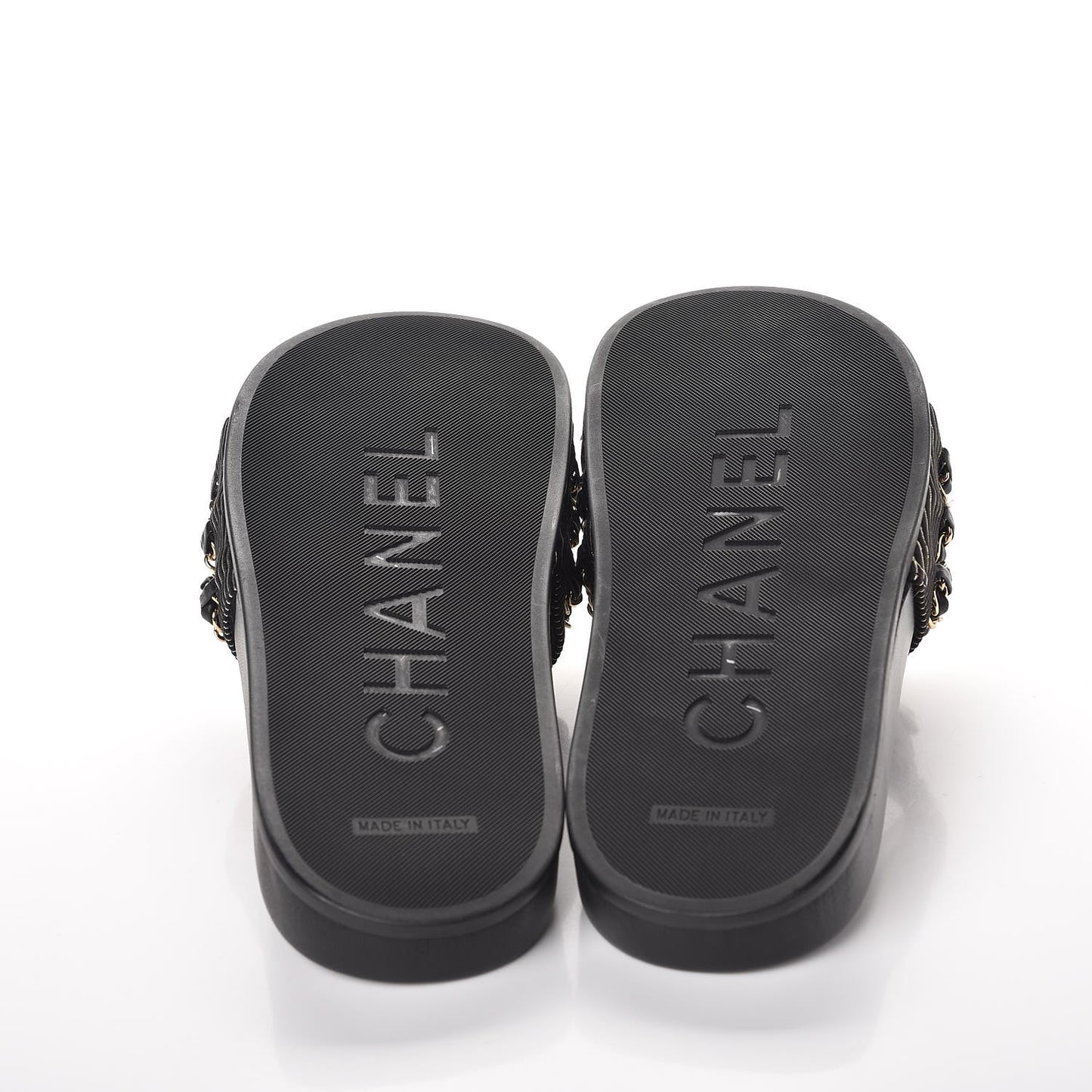 Calfskin Chain Camellia Flat Sandals 38 Black