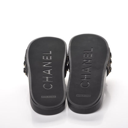 Chanel Calfskin Chain Camellia Flat Sandals 38 Black 5 of 10