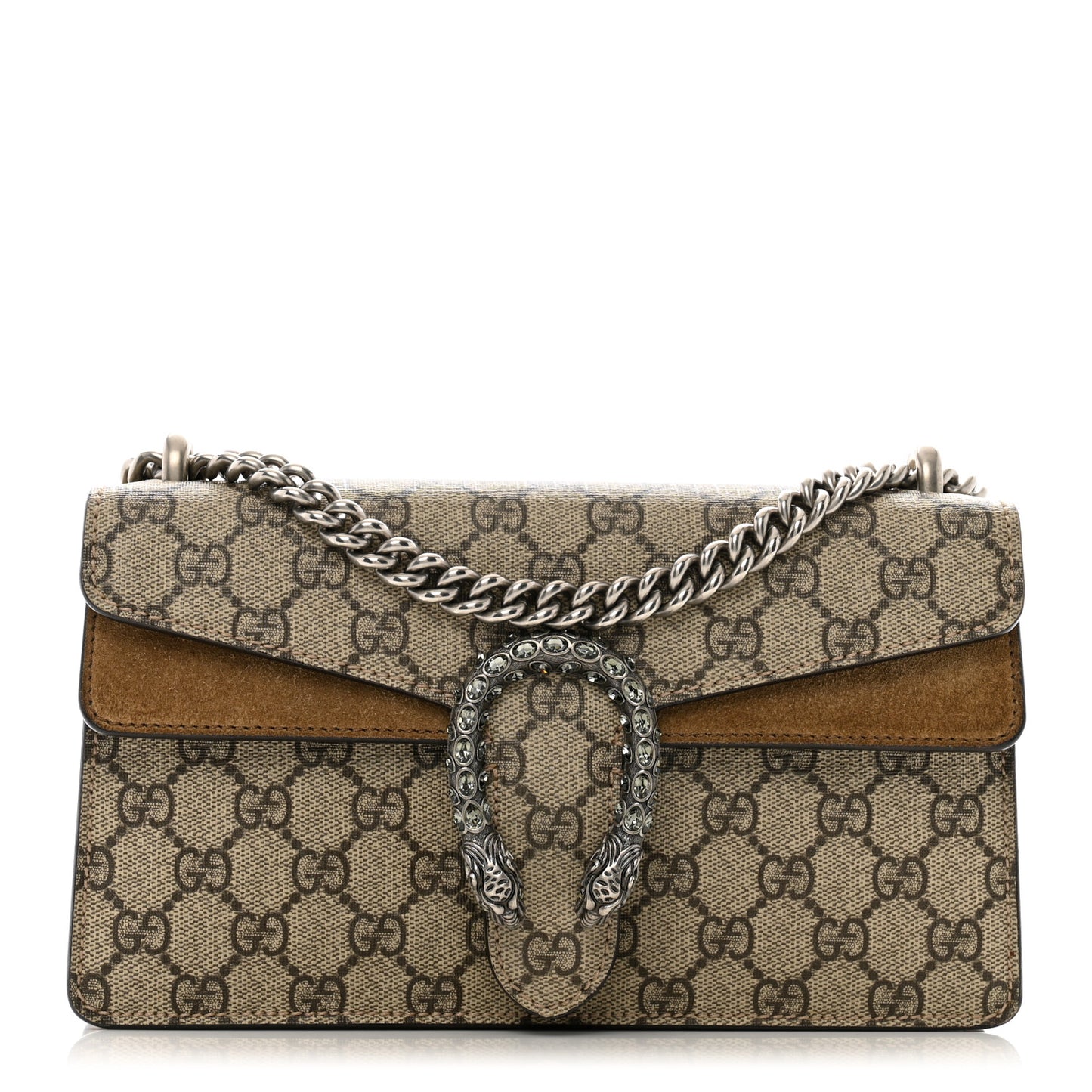 GG Supreme Monogram Suede Crystal Small Dionysus Shoulder Bag Beige Ebony Taupe