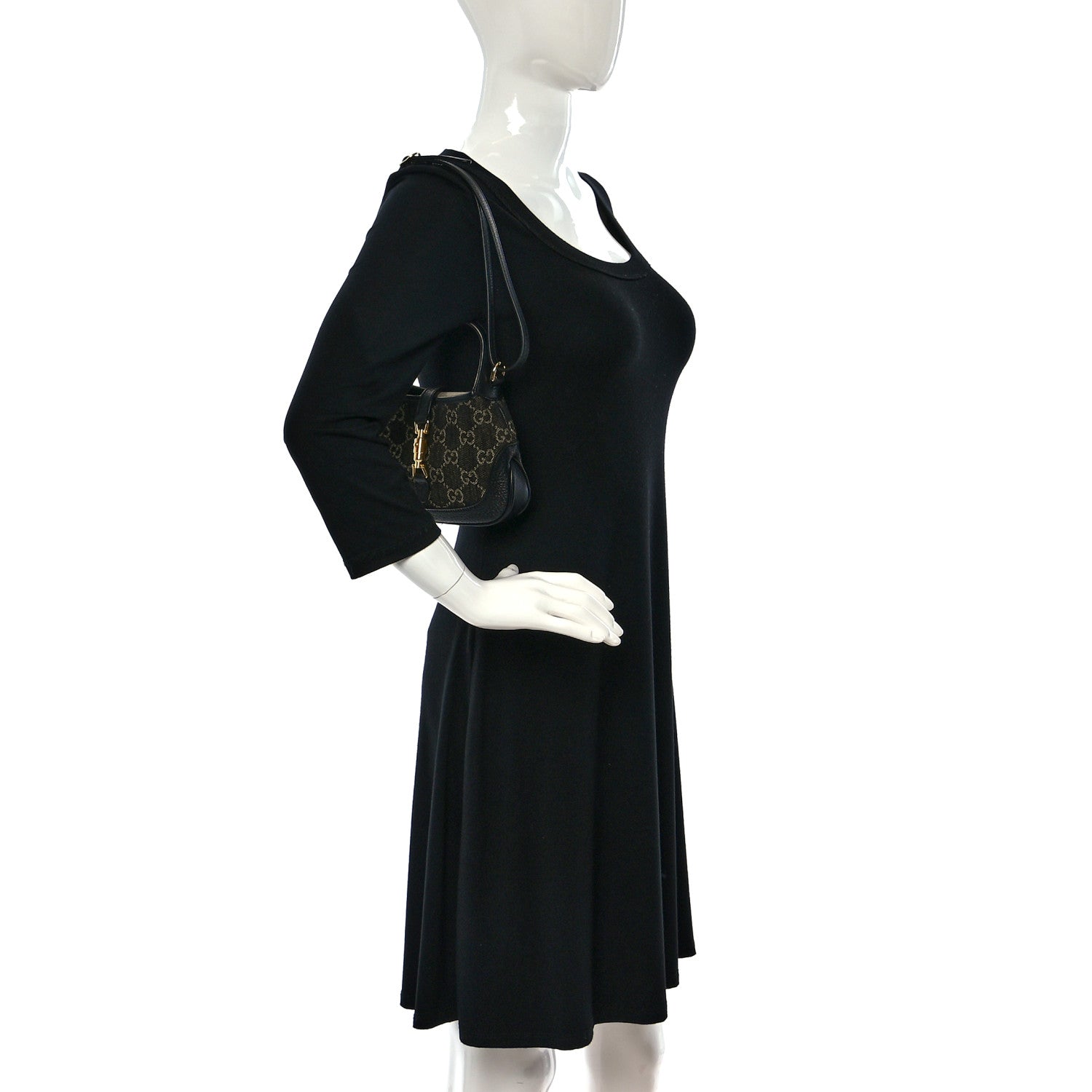 Gucci Jacquard Black Denim GG Monogram Textured Dollar Calfskin Mini Jackie 1961 Hobo Black Ivory 3 of 11