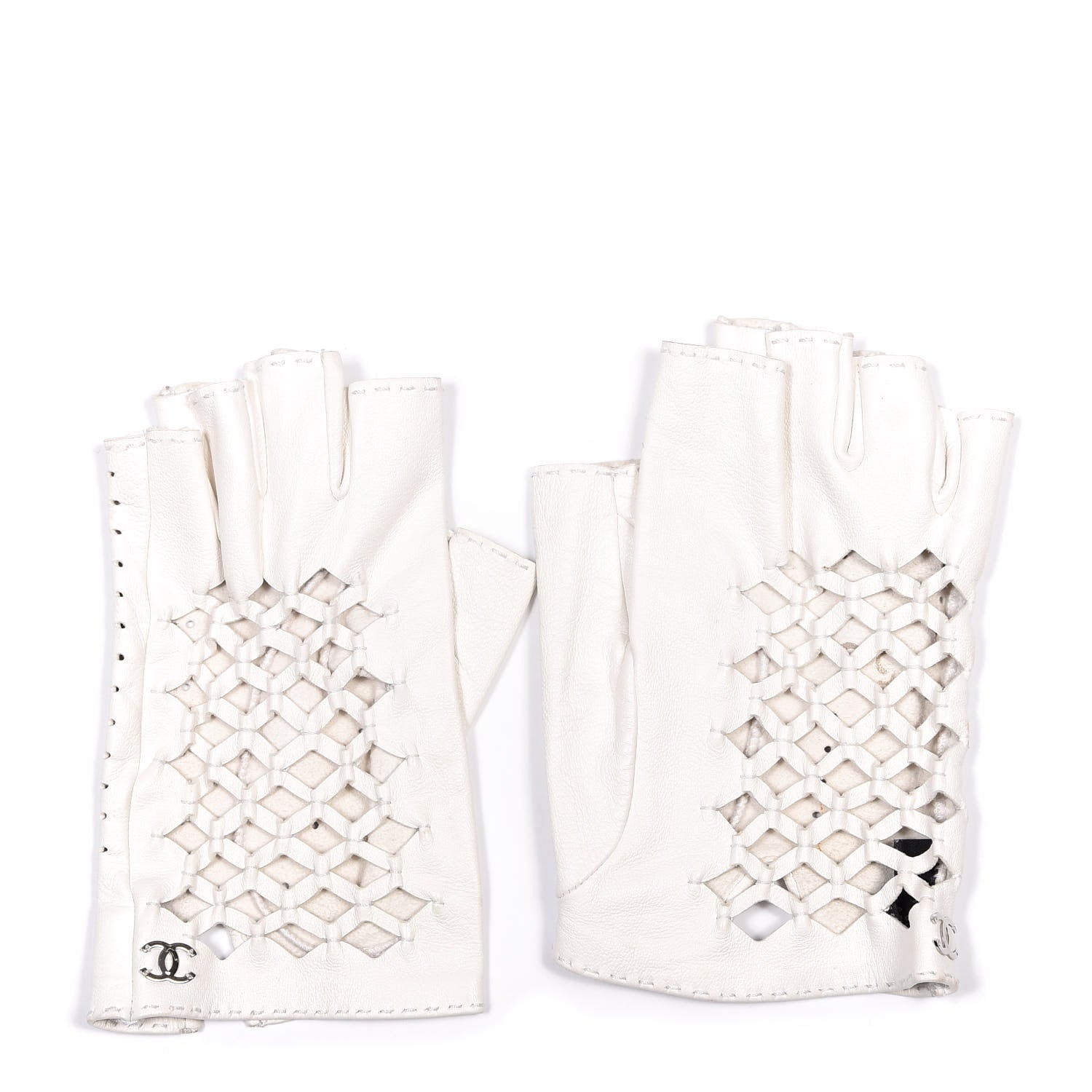 Chanel Lambskin Perforated Fingerless Gloves 7.5 White 2 of 6
