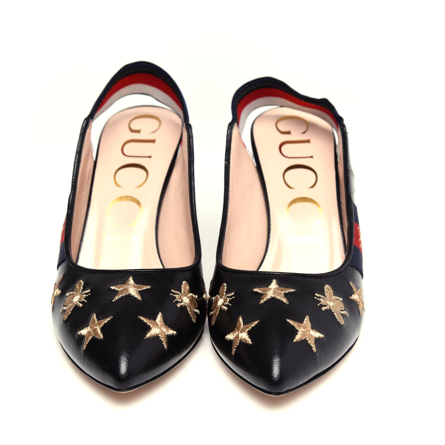 Gucci Calfskin Web Bee Star Embroidered Sylvie Mid Heel Slingback Pumps 35.5 Black 5 of 11