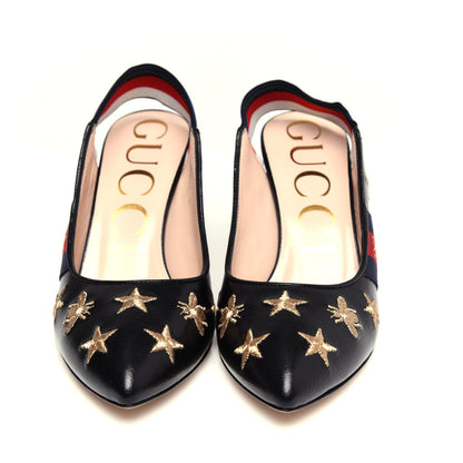 Gucci Calfskin Web Bee Star Embroidered Sylvie Mid Heel Slingback Pumps 35.5 Black 5 of 11