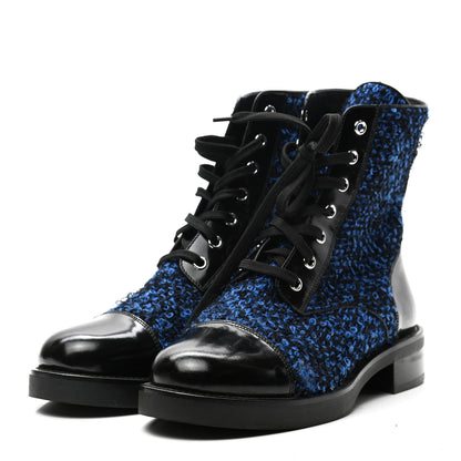 Louis Vuitton Tweed Calfskin Wonderland Flat Ranger Boots 39 Blue Black 3 of 8