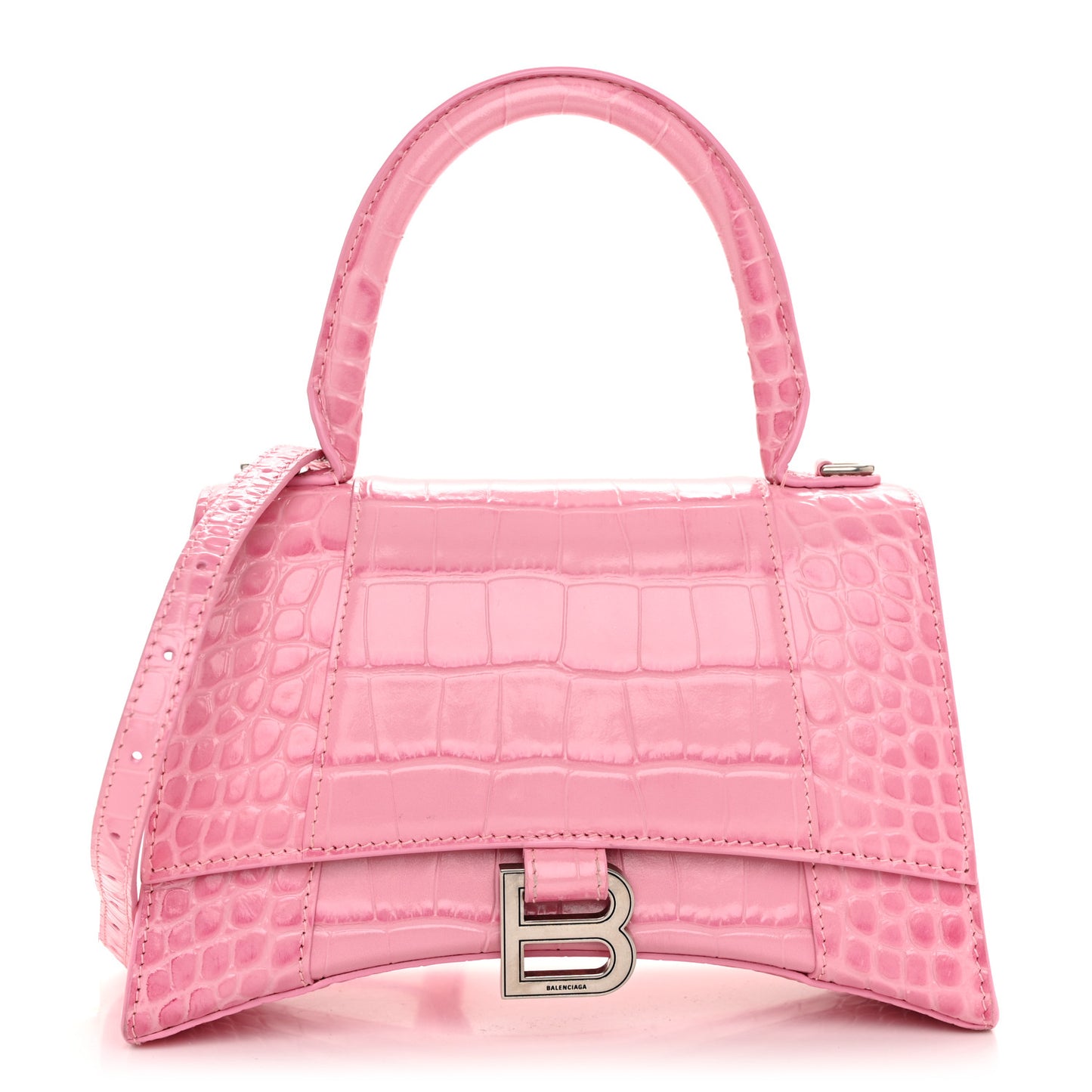 Shiny Calfskin Crocodile Embossed Small Hourglass Top Handle Bag Candy Pink