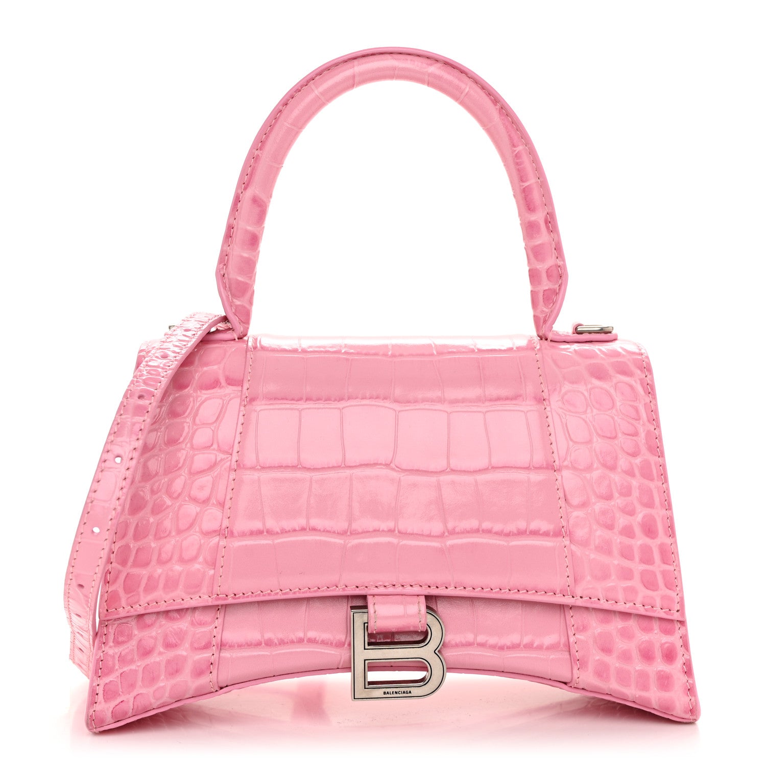 Balenciaga Shiny Calfskin Crocodile Embossed Small Hourglass Top Handle Bag Candy Pink 1 of 12