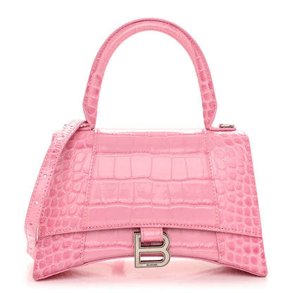 Balenciaga Shiny Calfskin Crocodile Embossed Small Hourglass Top Handle Bag Candy Pink 1 of 12