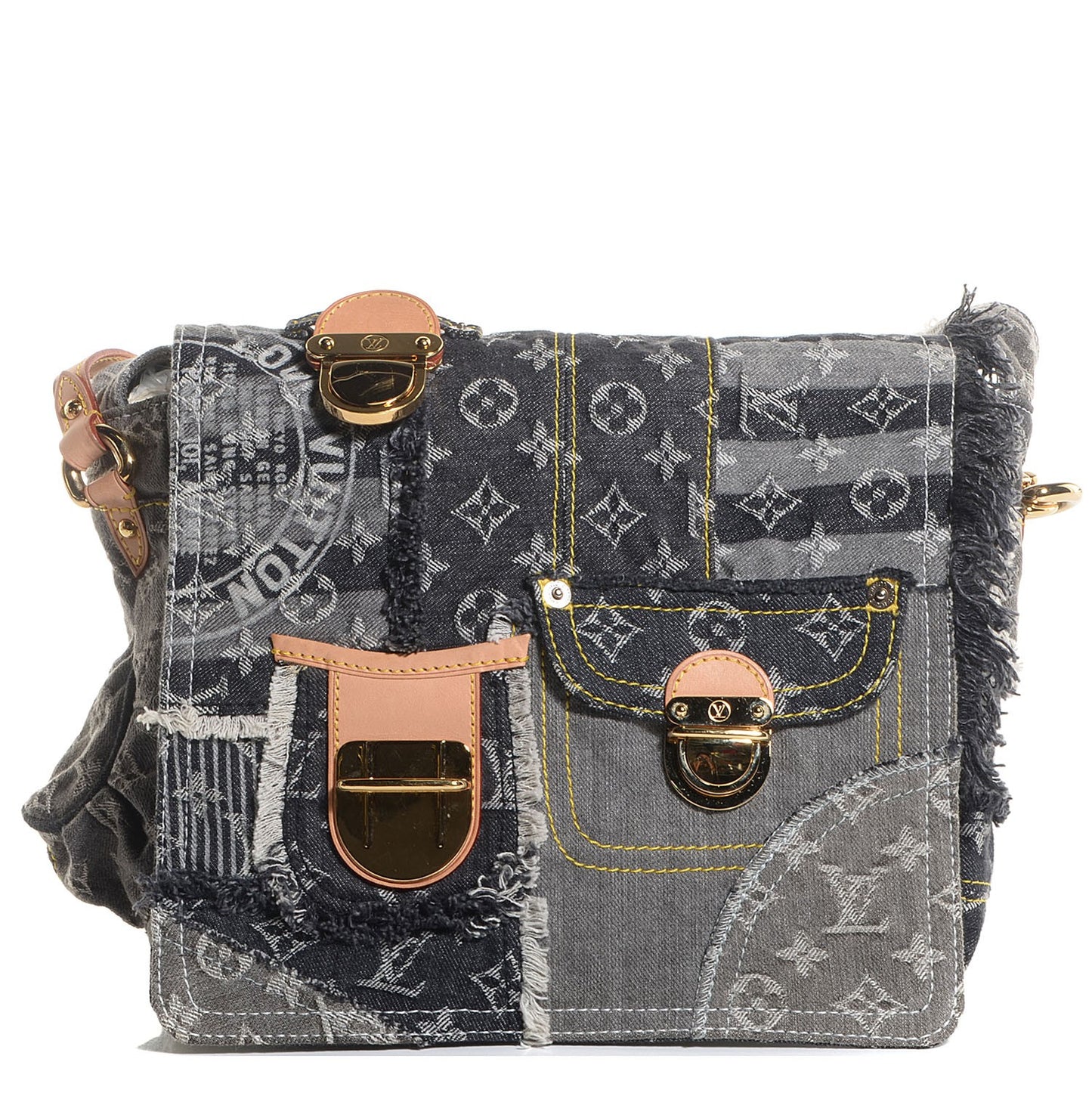 Denim Patchwork Posty Messenger Bag Gris