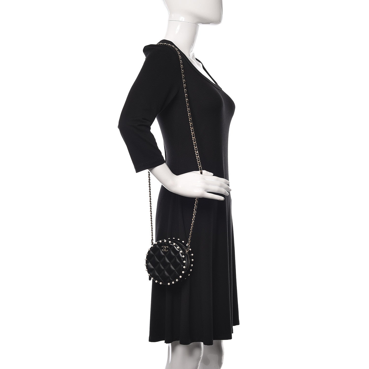 Chanel Calfskin Quilted Pearl Round Clutch With Chain Black 2 of 9