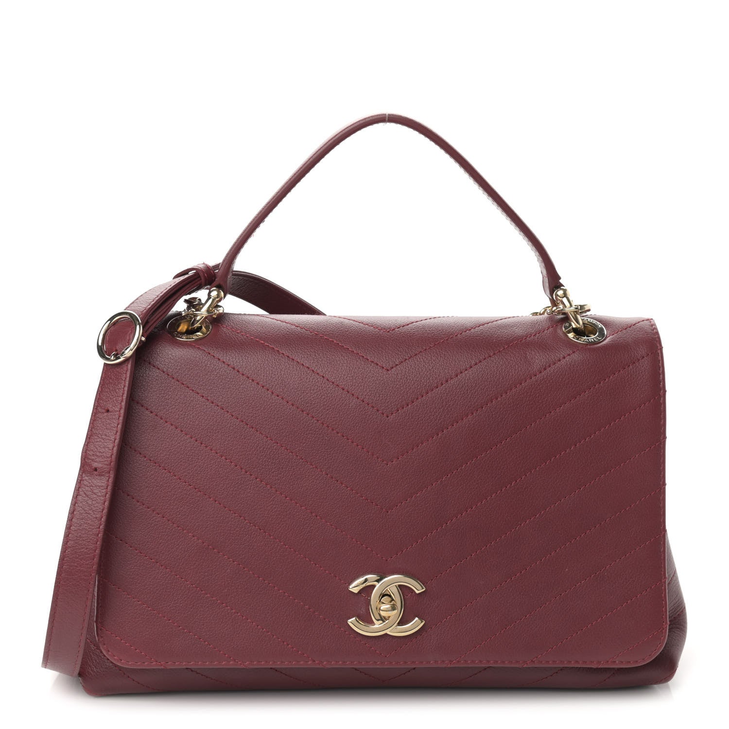 Chanel Grained Calfskin Stitched Chevron Medium Chic Top Handle Flap Red 1 of 17
