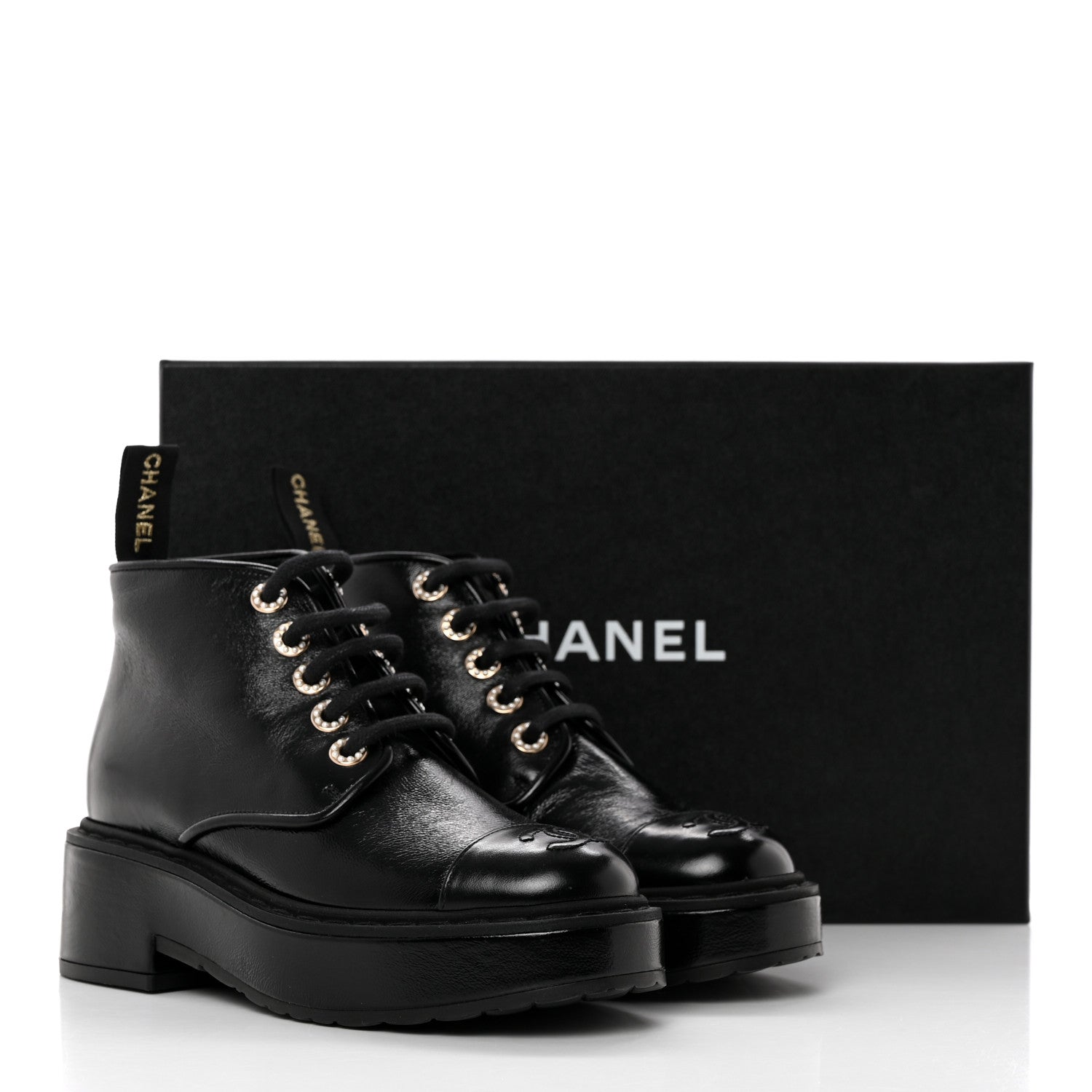 Chanel Shiny Calfskin Pearl Lace Up Combat Short Boots 35 Black 12 of 12