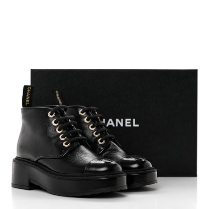 Chanel Shiny Calfskin Pearl Lace Up Combat Short Boots 35 Black 12 of 12