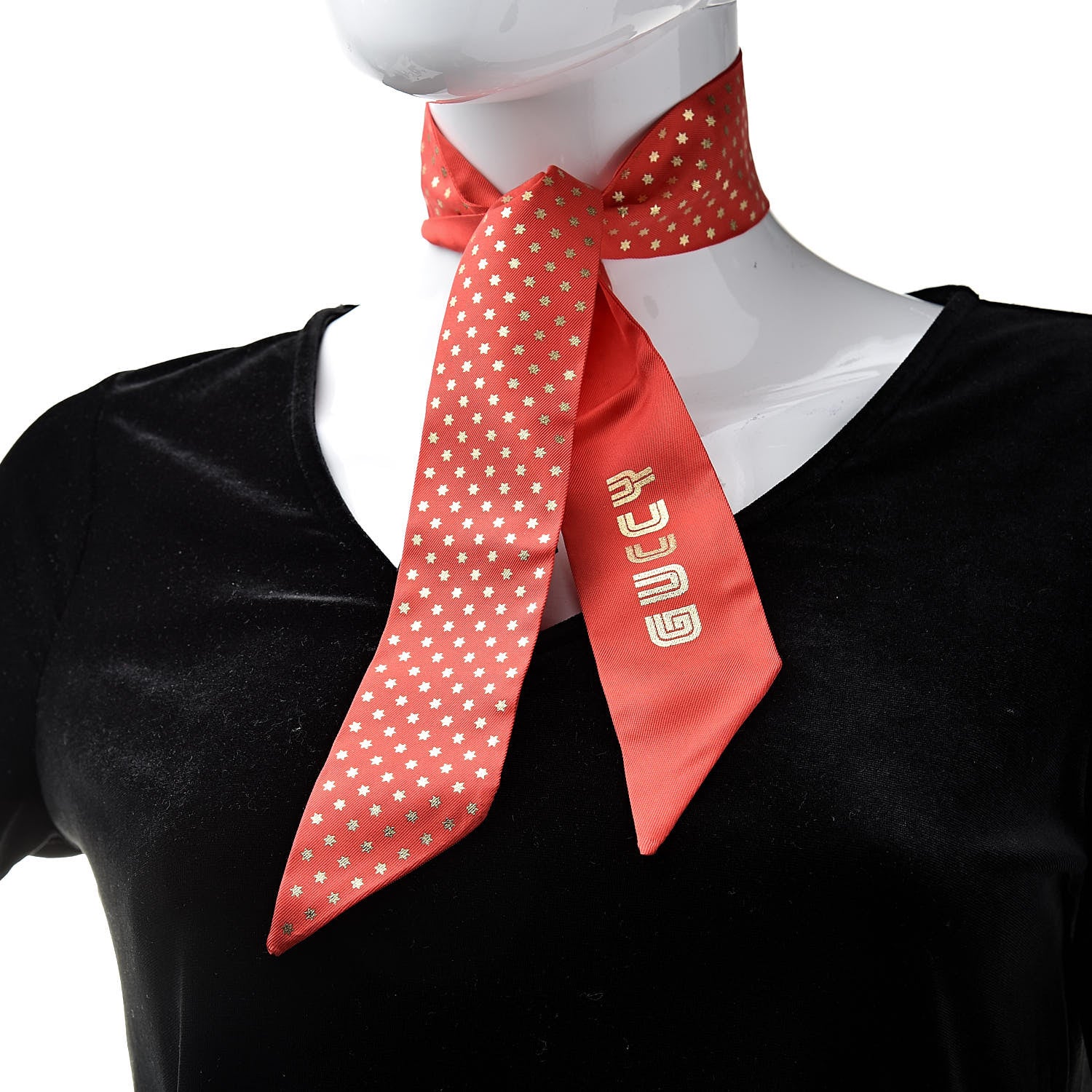Gucci X SEGA Silk Twill GUCCY Stars Print Neck Bow Scarf Flame Red Gold 2 of 4