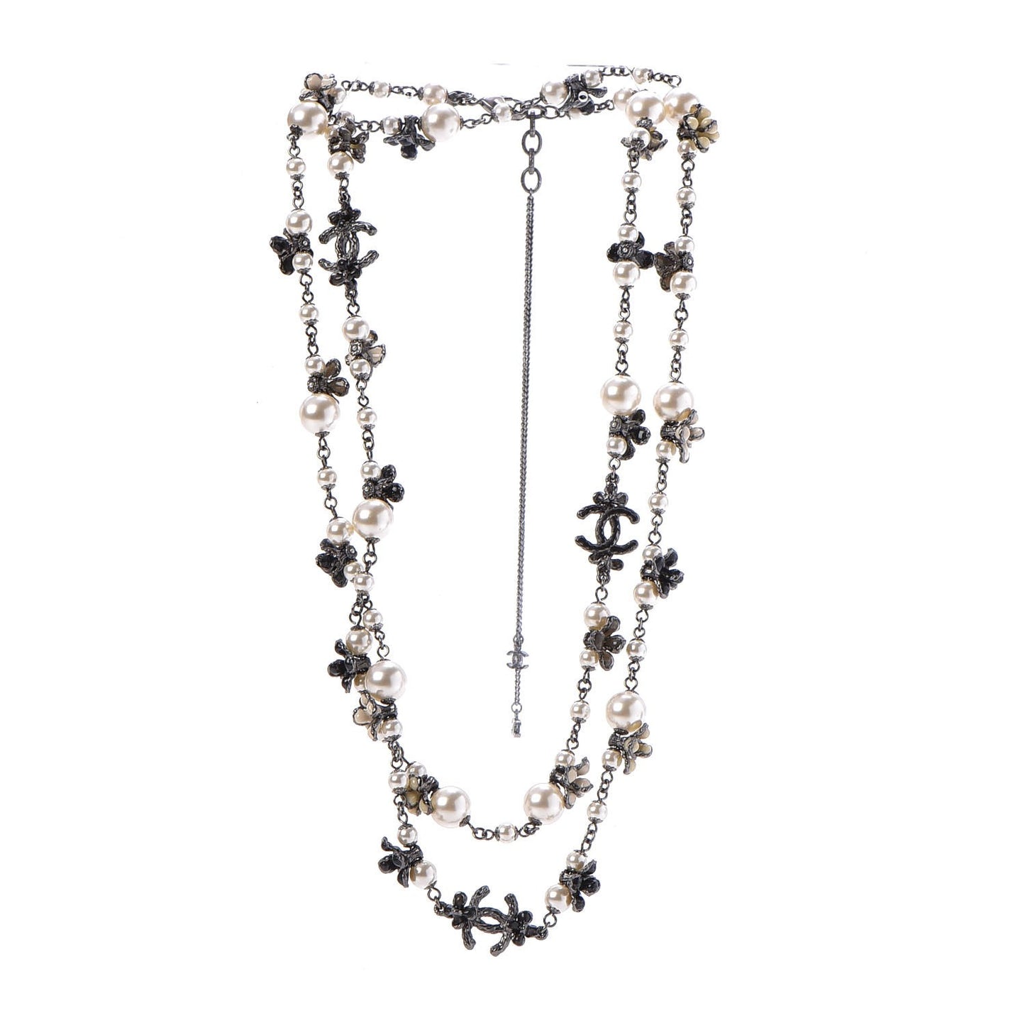 Ruthenium Pearl Enamel CC Long Necklace Black