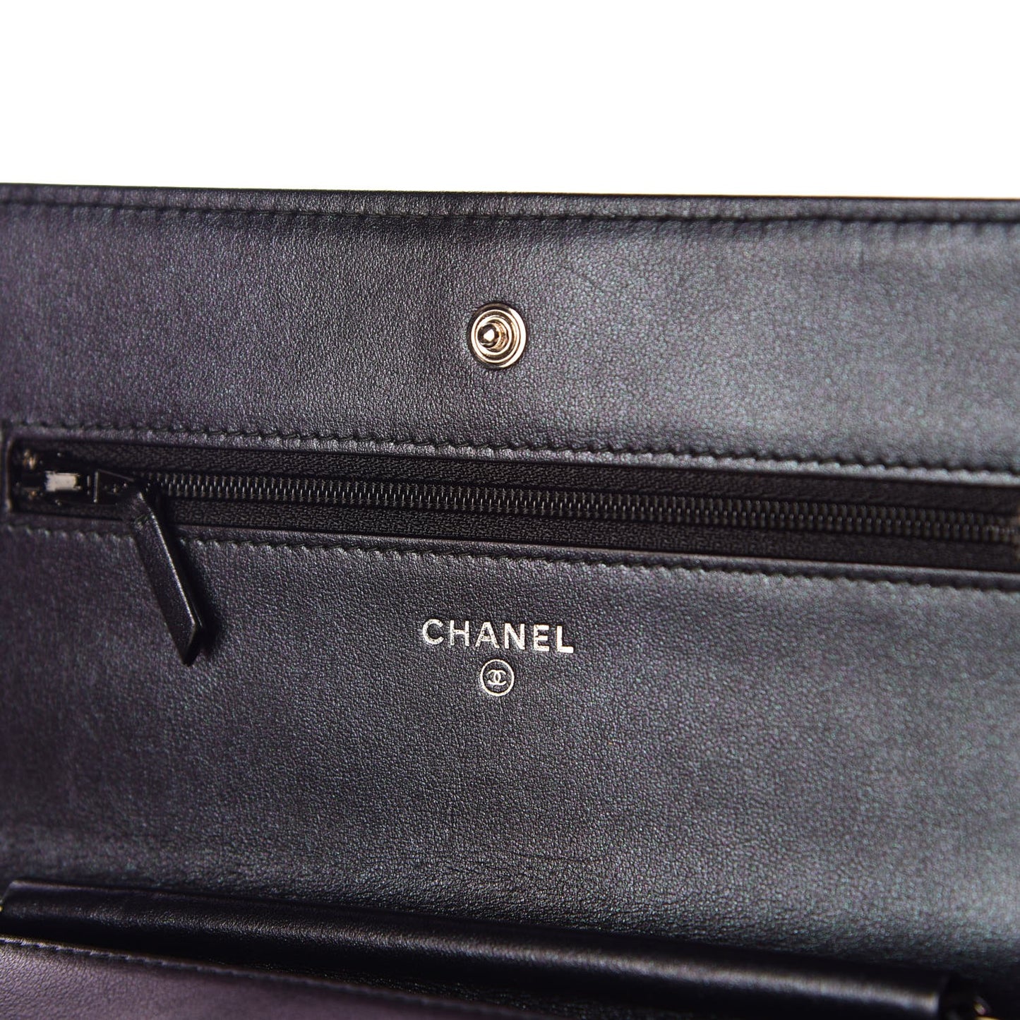 Patent Metallic Crumpled Calfskin Chevron Quilted Wallet On Chain WOC Black