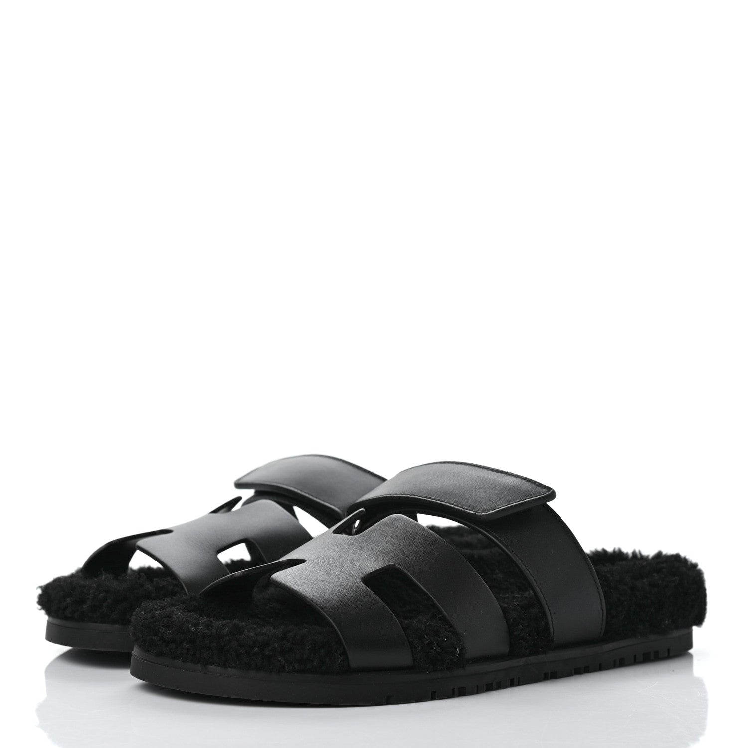 Hermes Calfskin Woolskin Womens Chypre Sandals 37.5 Black 3 of 10