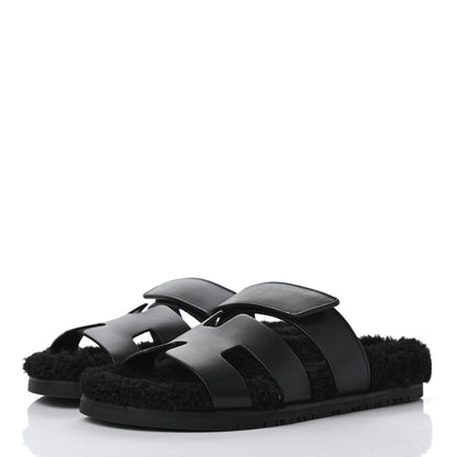 Hermes Calfskin Woolskin Womens Chypre Sandals 37.5 Black 3 of 10