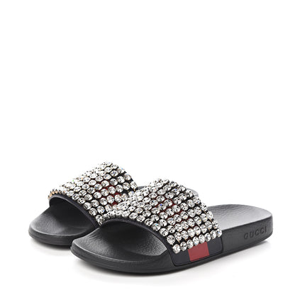 Gucci Calfskin Crystal Embellished Web Slide Sandals 37 Blue Red 3 of 8