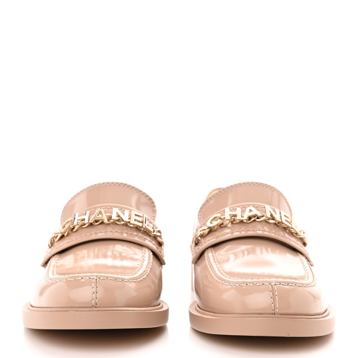 Chanel Shiny Calfskin Logo Loafers 38.5 Beige 2 of 10