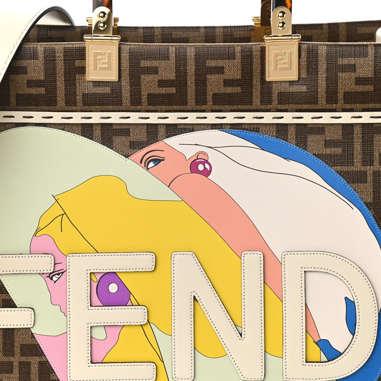 Glazed Fabric Vitello King Plexiglass FF 1974 Logo Hairdo Girls Inlay Medium Fendi Sunshine Shopper Tote Mogano Panna Multicolor