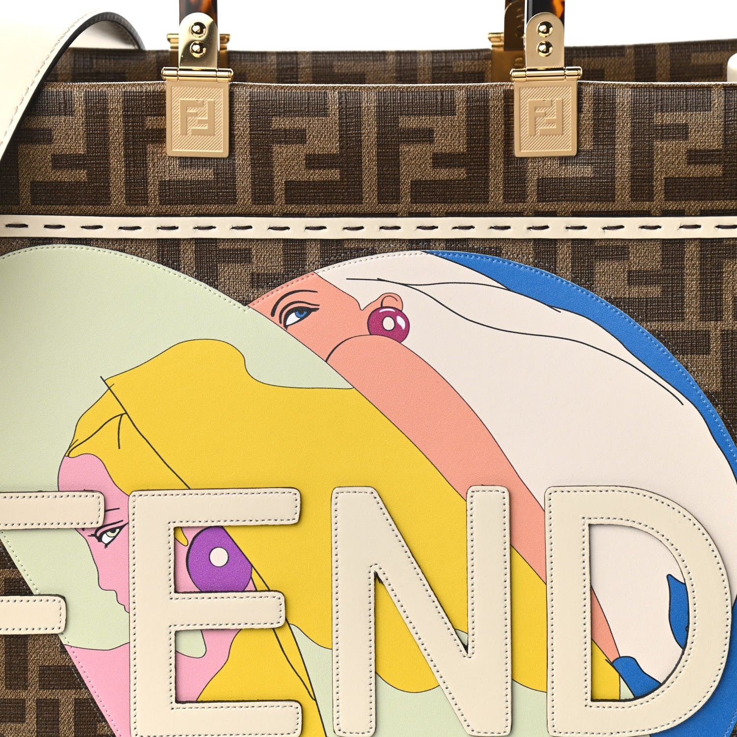 Fendi Glazed Fabric Vitello King Plexiglass FF 1974 Logo Hairdo Girls Inlay Medium Fendi Sunshine Shopper Tote Mogano Panna Multicolor 12 of 16
