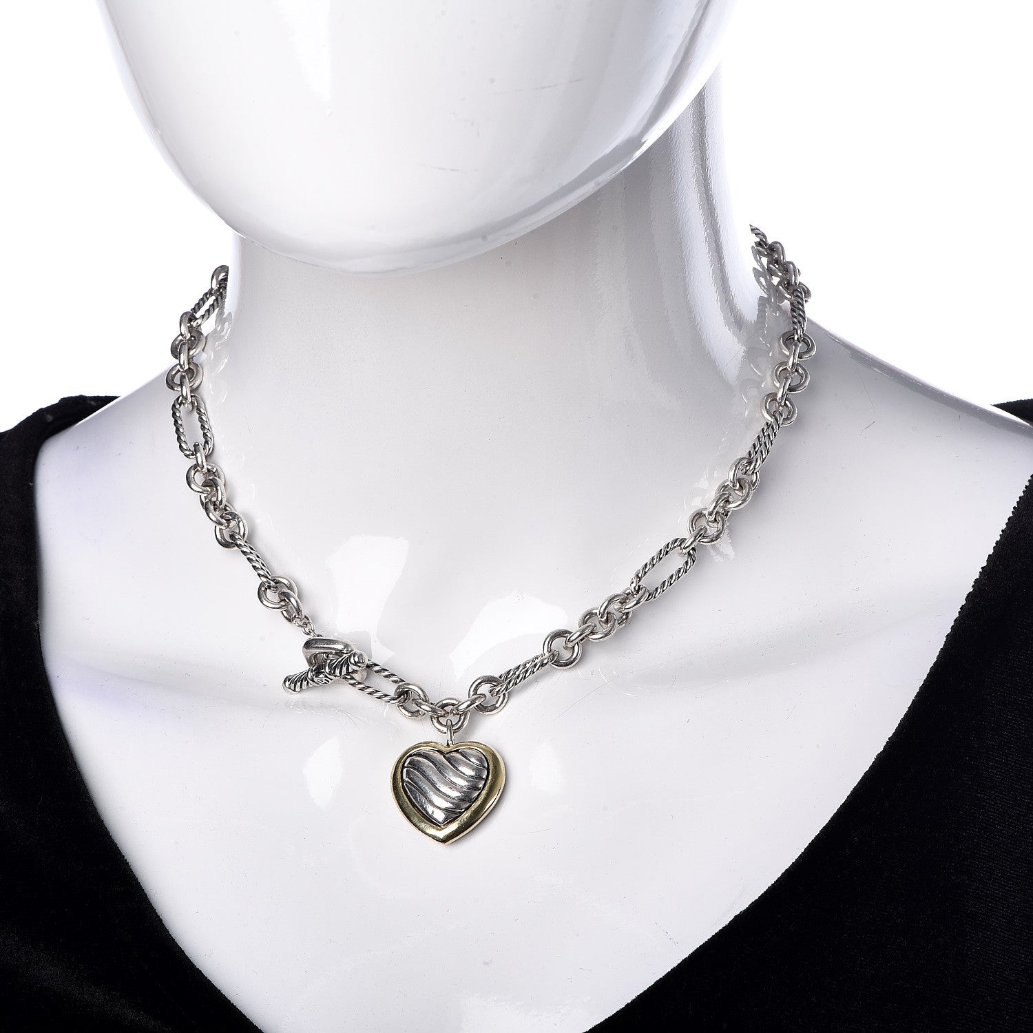 David Yurman Sterling Silver 18K Yellow Gold Cable Heart Figaro Necklace 2 of 5