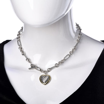 David Yurman Sterling Silver 18K Yellow Gold Cable Heart Figaro Necklace 2 of 5