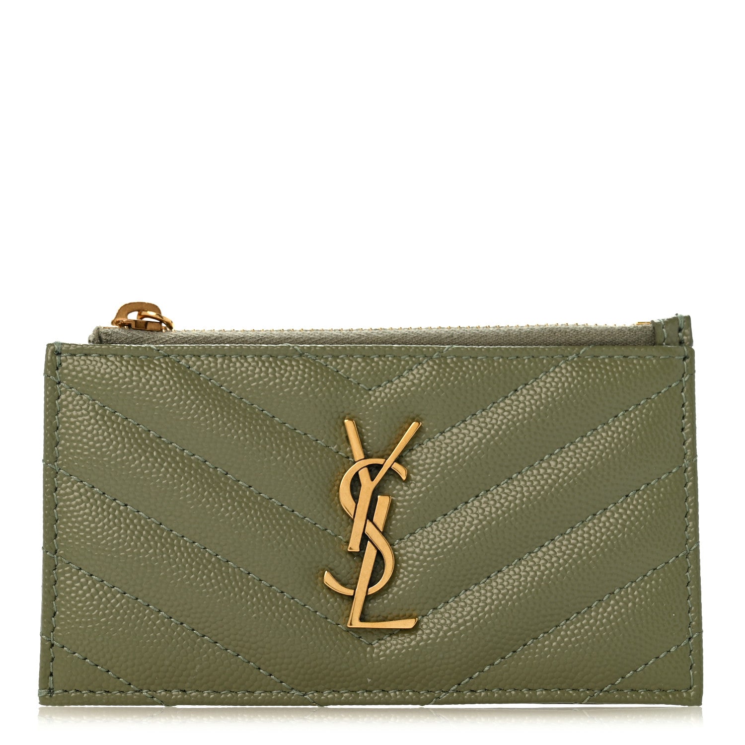 Saint Laurent Monogram Grain de Poudre 5 Fragments Zip Pouch Card Holder Light Sage 1 of 10