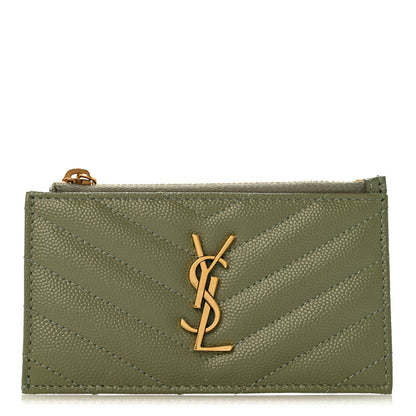 Saint Laurent Monogram Grain de Poudre 5 Fragments Zip Pouch Card Holder Light Sage 1 of 10