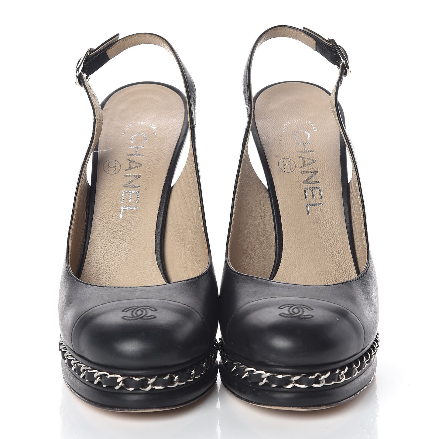 Lambskin Chain Slingback Pumps 37 Black