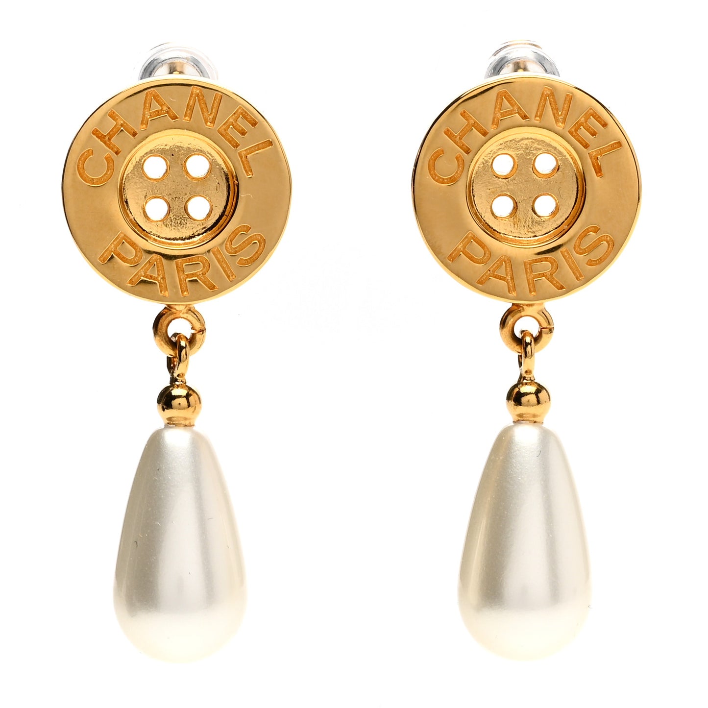 Metal Pearl Paris Button Drop Earrings Gold